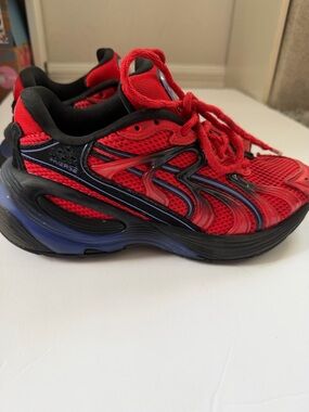 Puma Kids Red and Black Mesh Sneakers with Blue Accents